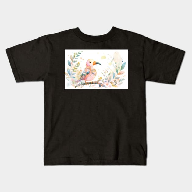 Whimsical and Cute Watercolor Bird Kids T-Shirt by A Badger